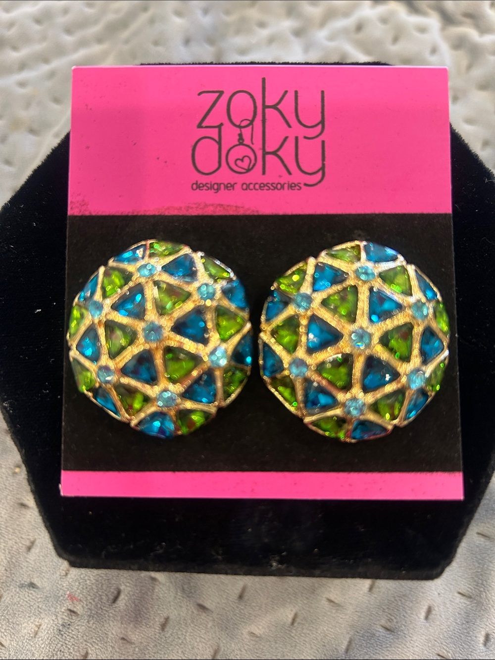 Teal and Emerald Geometric Mosaic Dome Button Earrings-NWT